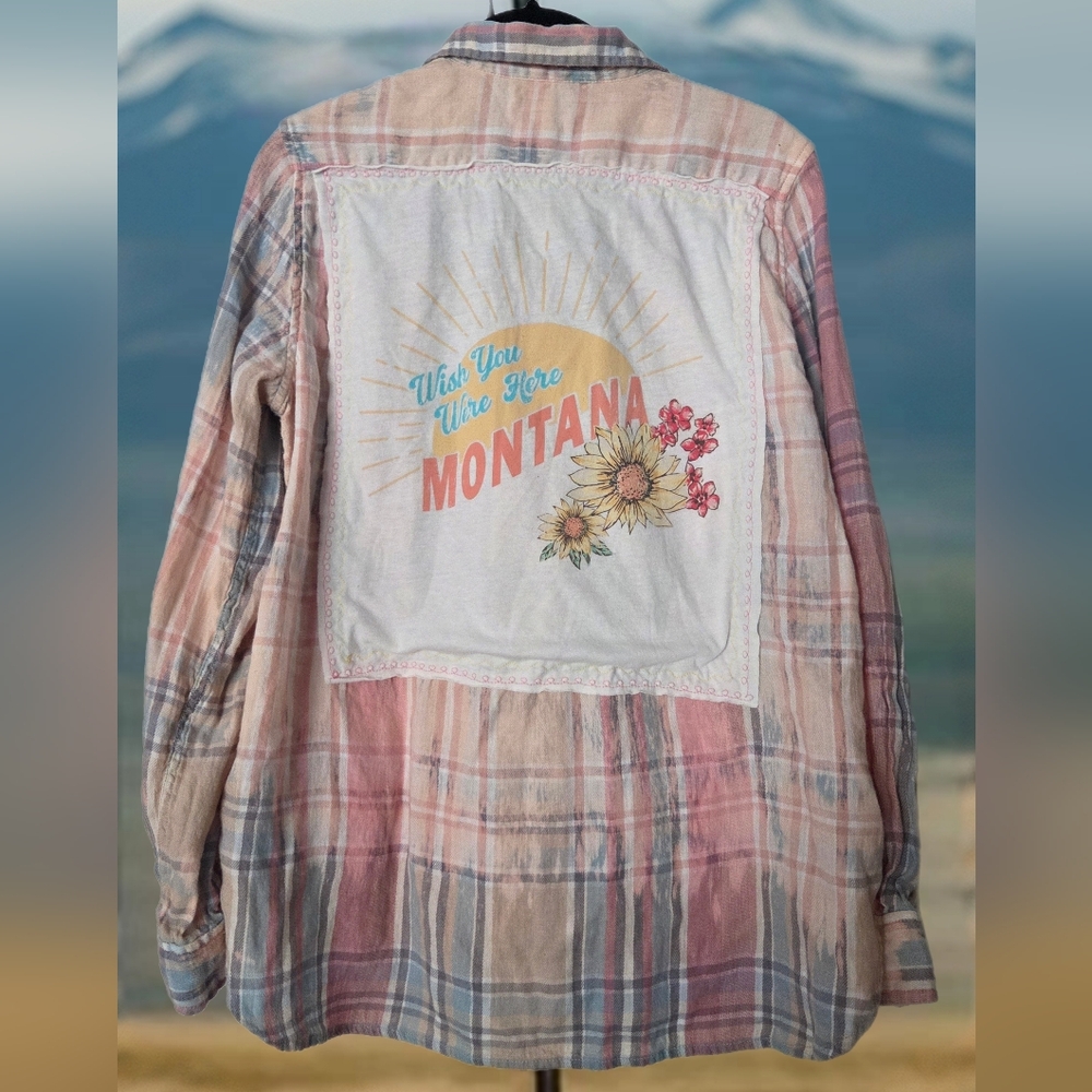 Upcycled WISH YOU WERE HERE, MONTANA. Distressed plaid flannel shirt